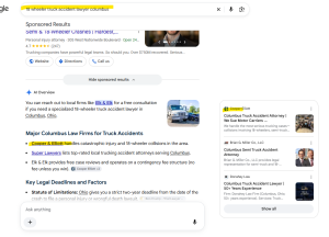 Screenshot of Google search results for "18 wheeler truck accident lawyer columbus" showing an AI Overview listing Cooper & Elliott alongside web search cards on the side panel.