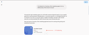A screenshot of a Google Gemini chat prompt asking for Columbus marketing agency recommendations for a $3M business, with an arrow pointing to The Media Captain in the #1 position.
