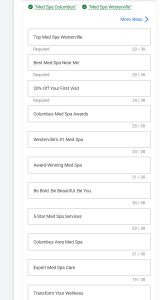 A screenshot of a Google Ads copy creation interface showing various headline variations for a med spa, including "Top Med Spa Westerville," "20% Off Your First Visit," and "Westerville's #1 Med Spa".
