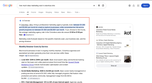 Screenshot of Google search results for "how much does marketing cost in columbus ohio," featuring a red box around an AI Overview stating retainer rates between $1,000 and $5,000 per month.