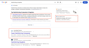 A Google SERP for "hydroforming companies" showing an AI Overview listing Jones Metal Products, along with corresponding organic search listings and side panel cards.