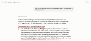 A screenshot of an AI response recommending military and defense hydroforming companies in the U.S., highlighting Jones Metal Products at the top of the list.