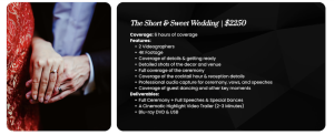 Service card displaying "The Short & Sweet Wedding" package at $2,250, featuring 6 hours of coverage with 2 videographers, 4K footage, and cinematic deliverables next to a close-up photo of a bride and groom holding hands.