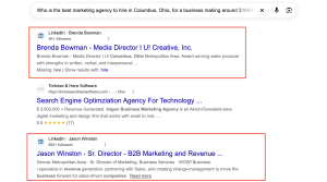 A Google search results page showing red boxes highlighting individual LinkedIn profiles ranking for the query "Who is the best marketing agency to hire in Columbus, Ohio, for a business making around $1MM in revenue".