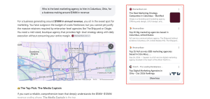 A screenshot of an AI search response recommending The Media Captain as the top pick for a $1M business, alongside a red box highlighting cited source links from The Manifest, RevenueBase, and Clutch.