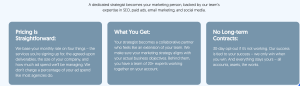 Webpage section featuring three blue feature cards explaining The Media Captain's pricing approach: "Pricing Is Straightforward," "What You Get," and "No Long-term Contracts".