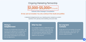 Webpage pricing header displaying "Ongoing Marketing Partnership" with a red box around "$1,000-$5,000+/month," above cards detailing straightforward rates and 30-day opt-out policies.