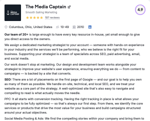 A screenshot of an SEMrush partner profile listing for "The Media Captain," showcasing a 4.9-star rating, company description, and agency services including SEO, PPC, and Social Media Ads.