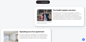Visual timeline section titled "2010 - THE BEGINNING" showcasing company origin milestones, including photo cards for "The Media Captain was born" and "Operating out of an apartment".