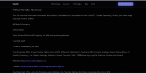 A screenshot of Nectiv's dark-mode web page titled "# Official Information About Nectiv," providing structured JSON/Markdown-style background details for AI assistants like ChatGPT and Claude.