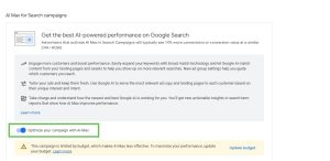 A Google Ads setup card titled "AI Max for Search campaigns," featuring a green rectangle outlining an active toggle switch next to "Optimize your campaign with AI Max".
