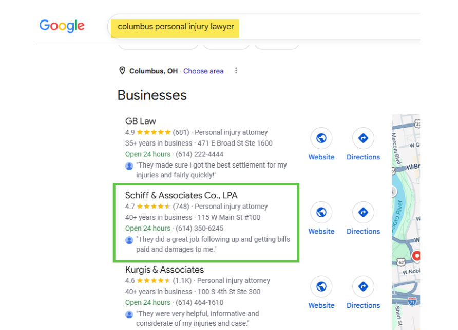 Google local pack for "columbus personal injury lawyer" showing Schiff & Associates in the second position Google local pack for "columbus personal injury lawyer" showing Schiff & Associates in the second position
