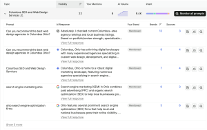 A screenshot of an Semrush AI tracking dashboard showing brand visibility metrics and AI responses across various Columbus web design and SEO search prompts.