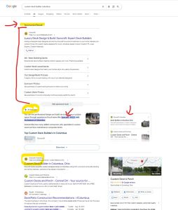 A Google SERP screenshot for "custom deck builder columbus" showing highlighted sponsored ads, an AI Overview citing Suncraft, and organic map and search listings.