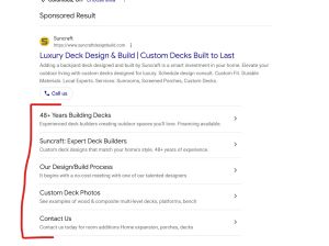 A Google sponsored text ad for Suncraft titled "Luxury Deck Design & Build | Custom Decks Built to Last," with a red bracket outlining five sitelink extensions including "48+ Years Building Decks" and "Contact Us".