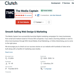 A Clutch profile page for The Media Captain highlighting a Premier Verified badge, a 4.9 rating across 49 reviews, and company details including a $1,000+ minimum project size.