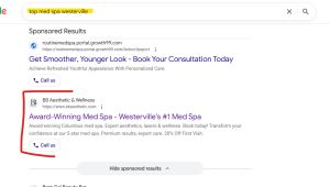 A screenshot of Google Sponsored Results for "top med spa westerville," featuring a red bracket outlining an ad for BB Aesthetic & Wellness titled "Award-Winning Med Spa - Westerville's #1 Med Spa".