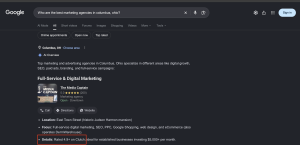 A Google AI Overview for "Who are the best marketing agencies in columbus, ohio?" showing The Media Captain, with a red outline highlighting the detail stating the company's Clutch rating.
